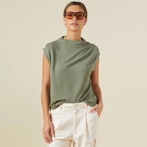 Monrow Supersoft Shirred Shoulder Top/Laurel Green